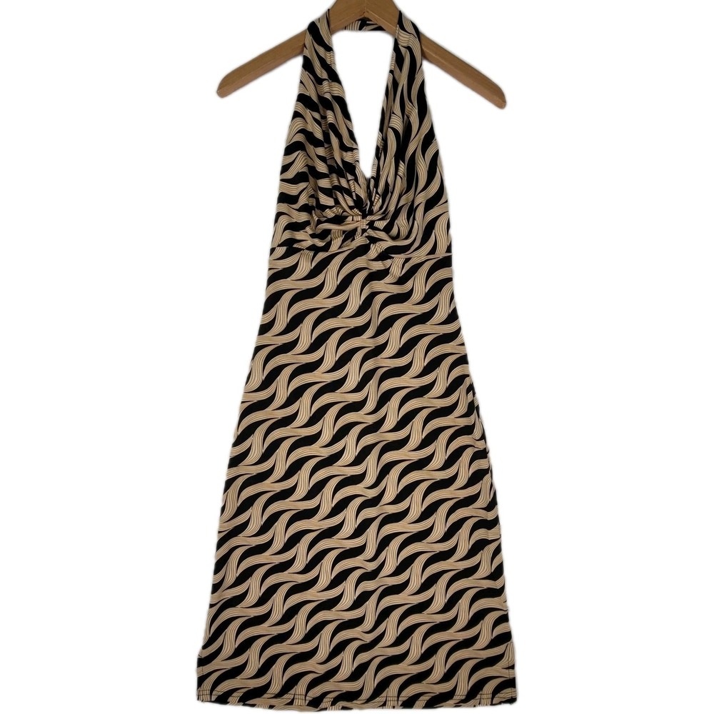 Luly K New York City Women's Vintage Halter Dress Small Swirl Tan Black Print